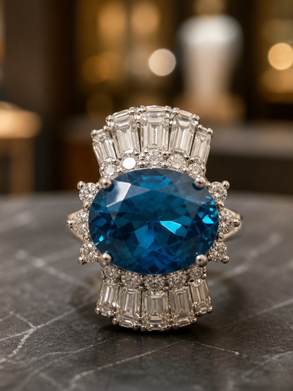 Elegant Blue Oval Cocktail Ring with Clear Accents
